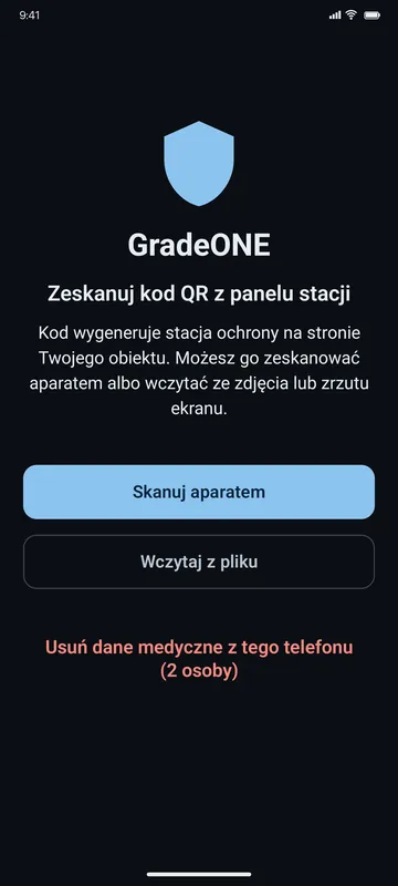 Aplikacja klienta: Aplikacja klienta: ekran aktywacji, przyciski Skanuj aparatem i Wczytaj z pliku