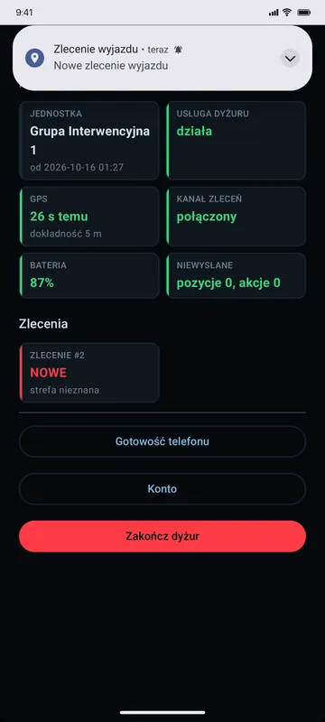 Aplikacja patrolu: Dyżur patrolu: powiadomienie Zlecenie wyjazdu i nowe zlecenie na liście
